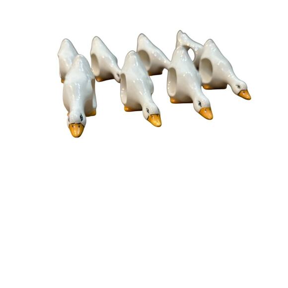 1980's Vintage White Long Neck Goose Duck Ceramic Napkin Rings Set Of 8 - Picture 2 of 7